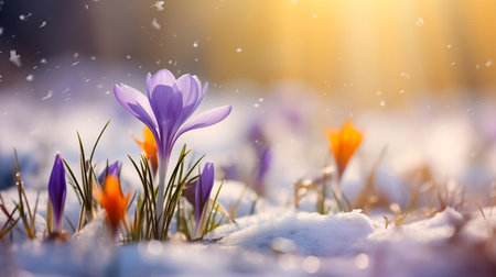 Beautiful crocus flowers in the snow. First spring flowers.の素材