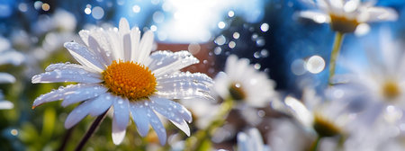 White daisies with drops of dew on the petalsの素材