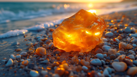 Sunset on the beach with a piece of amber in the foreground.の素材