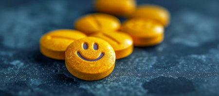 Yellow pills with smiley face on dark background. Selective focus.の素材