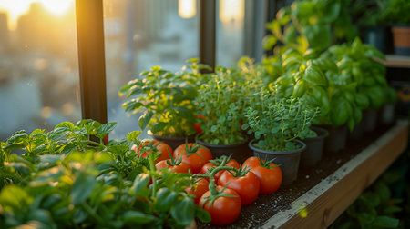 Tomatoes and basil in pots on the windowsill at sunset.の素材