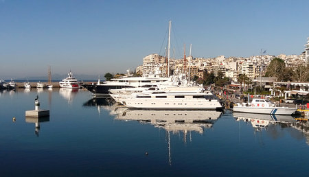 Luxury motorboats and yachts at the dock.Panoramic view of Marina Zeas, Piraeus,Greeceの写真素材