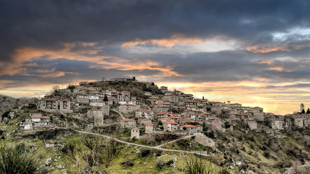 Panoramic view of a beautiful mountain village named Dimitsana at sunset.  Peloponesse, Greece.の写真素材
