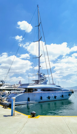 luxury motor yacht with big masts at marina Zeas,Piraeus,Greeceの写真素材