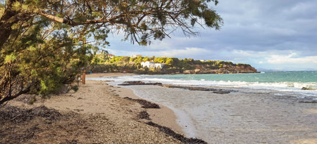 panoramic view of Marikes beach at autumn, Greeceの写真素材