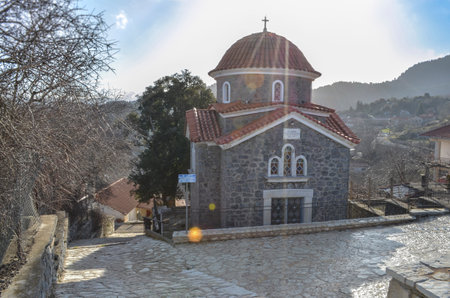 Small stone Orthodox church in Valtesiniko village, Arcadia, Peloponnese, Greeceの写真素材