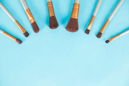 woman makeup brushes on deskの写真素材