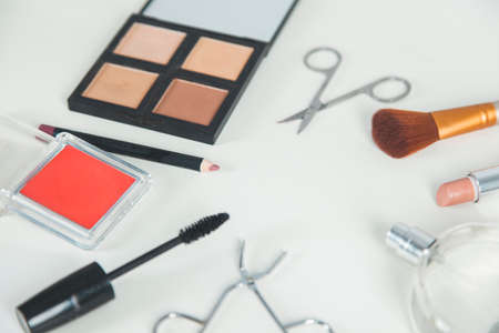 woman makeup accessories on the desk backgroundの写真素材
