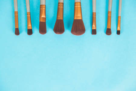 Different makeup brushes on the blue desk