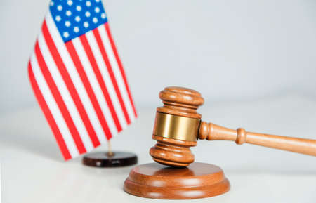 american flag and judge on the  tableの写真素材