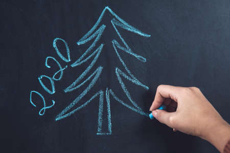 hand 2020 text and  fir on chalkboardの写真素材