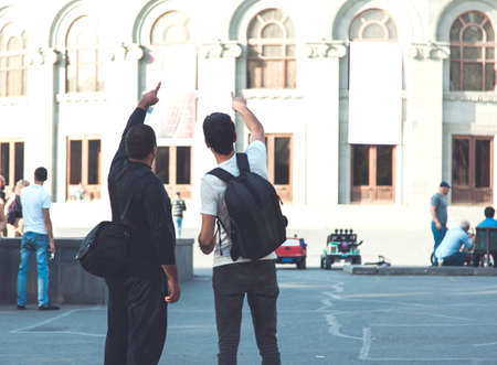 two traveler man in the city backgroundの写真素材