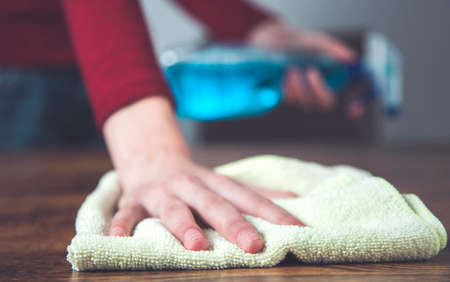 woman cleaning desk in home background