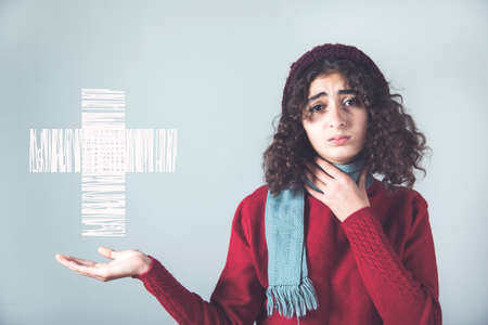 ill women  hand cross icon in screenの写真素材