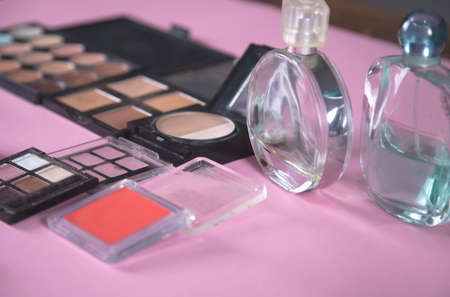 different makeup products on the pink backgroundの写真素材