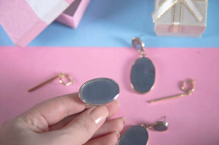 beautiful jewelry on the color tableの写真素材