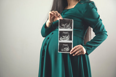 Pregnant woman hand ultrasound picture of baby.の写真素材