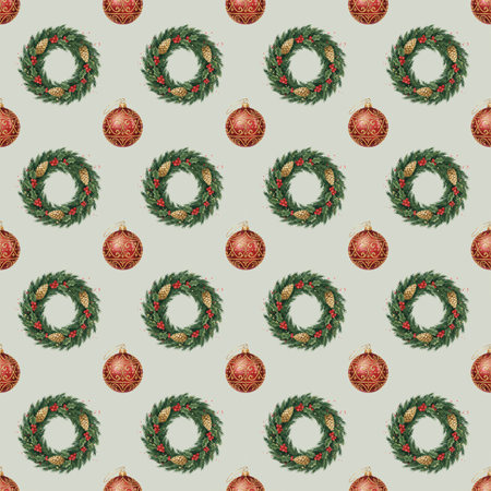 Elegant festive seamless pattern featuring hand-drawn watercolor Christmas wreaths with holly and...