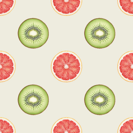 Hand-drawn watercolor seamless pattern featuring repeating slices of fresh pink grapefruit and green...