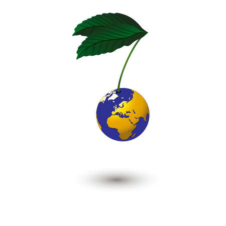 planet is hanging on a branch with green leaves on white background のイラスト素材