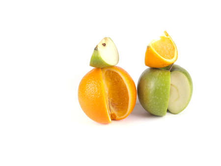 Fruit composition of apple and orange on a white backgroundの写真素材