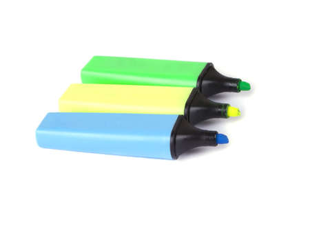 Office composition of three colored markers on white backgroundの写真素材