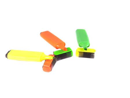 Office composition of three colored markers on white backgroundの写真素材