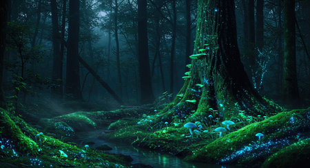 A magical forest scene featuring glowing mushrooms and moss along a stream. The dark, moody atmosphere is enhanced by bioluminescent flora, creating a mystical and enchanting landscape.の素材