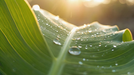 Close-up view of a vibrant green leaf, glistening with morning dew. Sunlight highlights the intricate veins and textures, creating a captivating interplay of light and shadow.の素材
