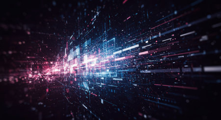 Futuristic, dynamic display of data streams and glowing network connections. Intricate digital patterns and lines create a sense of speed and complexity.の素材