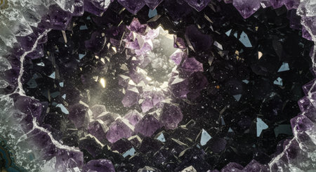 A stunning interior view of an amethyst geode. The composition highlights the deep purple crystals, illuminated by a bright light source.の素材