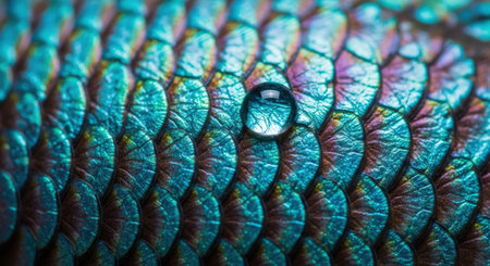 Macro view of a fish's iridescent scales, showcasing intricate patterns and vibrant colors. A single water droplet rests on the surface, reflecting light and enhancing the texture.の素材