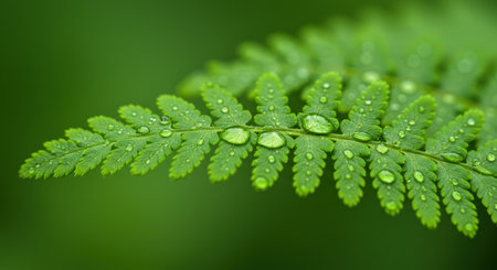 Macro view of a fern frond, glistening with water droplets. Vibrant green hues, soft lighting, and shallow depth of field highlight the intricate leaf structure.の素材