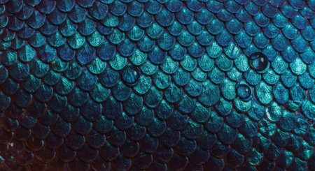 A close-up macro photograph showcases a textured surface of teal-colored scales, possibly from a reptile or fish. Water droplets add a reflective element.の素材