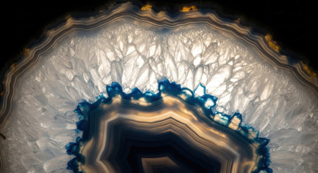 Close-up view of a polished agate geode, showcasing its intricate crystalline structure. Backlighting reveals the translucent layers and vibrant blue and white hues.の素材