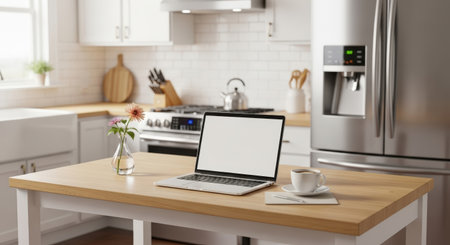 Laptop with blank screen, coffee cup, and flowers on a kitchen island. Bright, modern kitchen background. Ideal for work-from-home, lifestyle, or technology concepts.の素材
