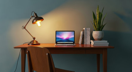 A tranquil home office scene at dusk. A warm desk lamp illuminates a laptop, books, and a snake plant on a mid-century modern desk. The soft lighting creates a calm and productive atmosphere.の素材