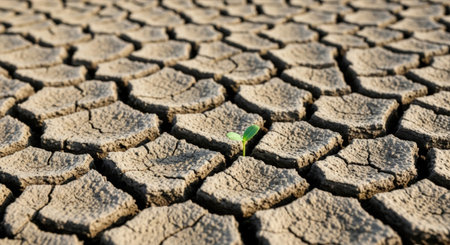 A single, tenacious seedling pushes through parched, cracked earth, symbolizing hope and perseverance amidst drought. Close-up perspective emphasizes texture and detail.の素材