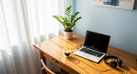 A peaceful home office scene. Sunlight streams through sheer curtains onto a wooden desk, illuminating a laptop, coffee, headphones, and a potted plant. A calm and productive atmosphere.の素材
