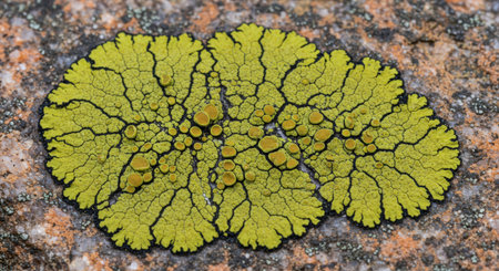Close-up view of a vibrant lime-green lichen with intricate black vein patterns, thriving on a textured stone surface. The image showcases the lichen's unique texture and color contrast.の素材