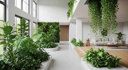 A modern living room features an abundance of indoor plants, including vertical gardens and large potted plants, creating a tranquil and biophilic atmosphere.の素材