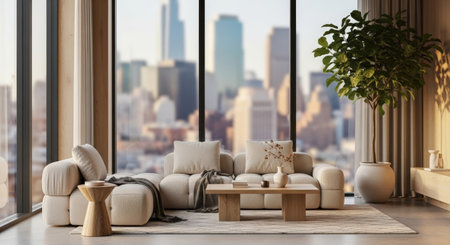 Interior shot of a modern living room with a large window overlooking a city skyline. Features a beige sofa, coffee table, and a potted plant.の素材