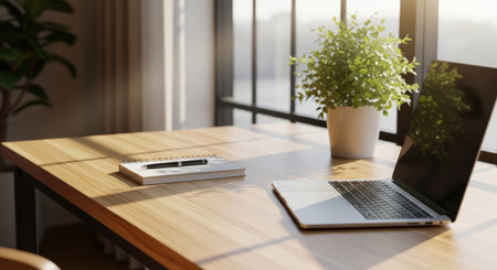 A sunlit workspace featuring a laptop, notepad with pen, and potted plant on a wooden desk, bathed in natural light from a nearby window, creating a calm, productive atmosphere.の素材