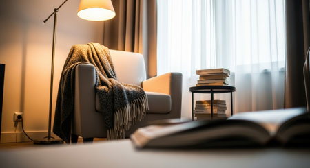 A cozy reading nook featuring a comfortable armchair draped with a blanket, a stack of books on a side table, and a warm lamp providing soft light.の素材