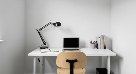 Clean, bright workspace featuring a white desk, laptop, black lamp, wooden chair, and books against a white wall, creating a minimalist and organized interior setting.の素材
