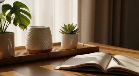 A tranquil workspace featuring a monstera plant, succulent, and open notebook with a pen, bathed in soft sunlight near a window, creating a peaceful ambiance.の素材