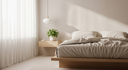 A calming bedroom scene featuring a minimalist bed, sheer curtains, and a potted plant, bathed in soft, natural light, creating a peaceful and inviting atmosphere.の素材