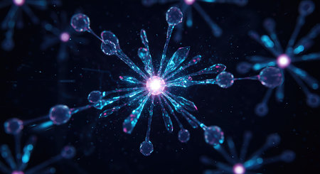 A stunning, abstract image showcasing a molecular structure with a central glowing core and crystal-like arms.の素材