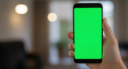Close-up of a hand holding a smartphone with a vibrant green screen, ideal for app mockups and digital content replacement in a blurred background.の素材