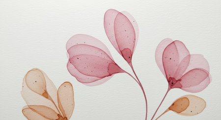 An ethereal watercolor painting showcases delicate pink and peach flowers, their translucent petals layered on a pristine white background.の素材